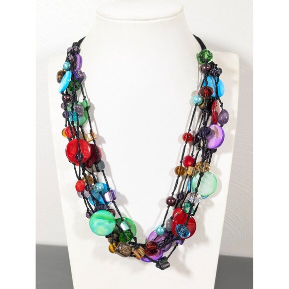 Premier Designs Spectrum Necklace Multi COlor Shell Glass Cord Beachy Boho 23" - Picture 1 of 10